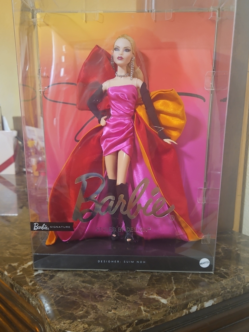New Barbie Fashion Doll in Hot Pink Dress with Red and Gold Accents